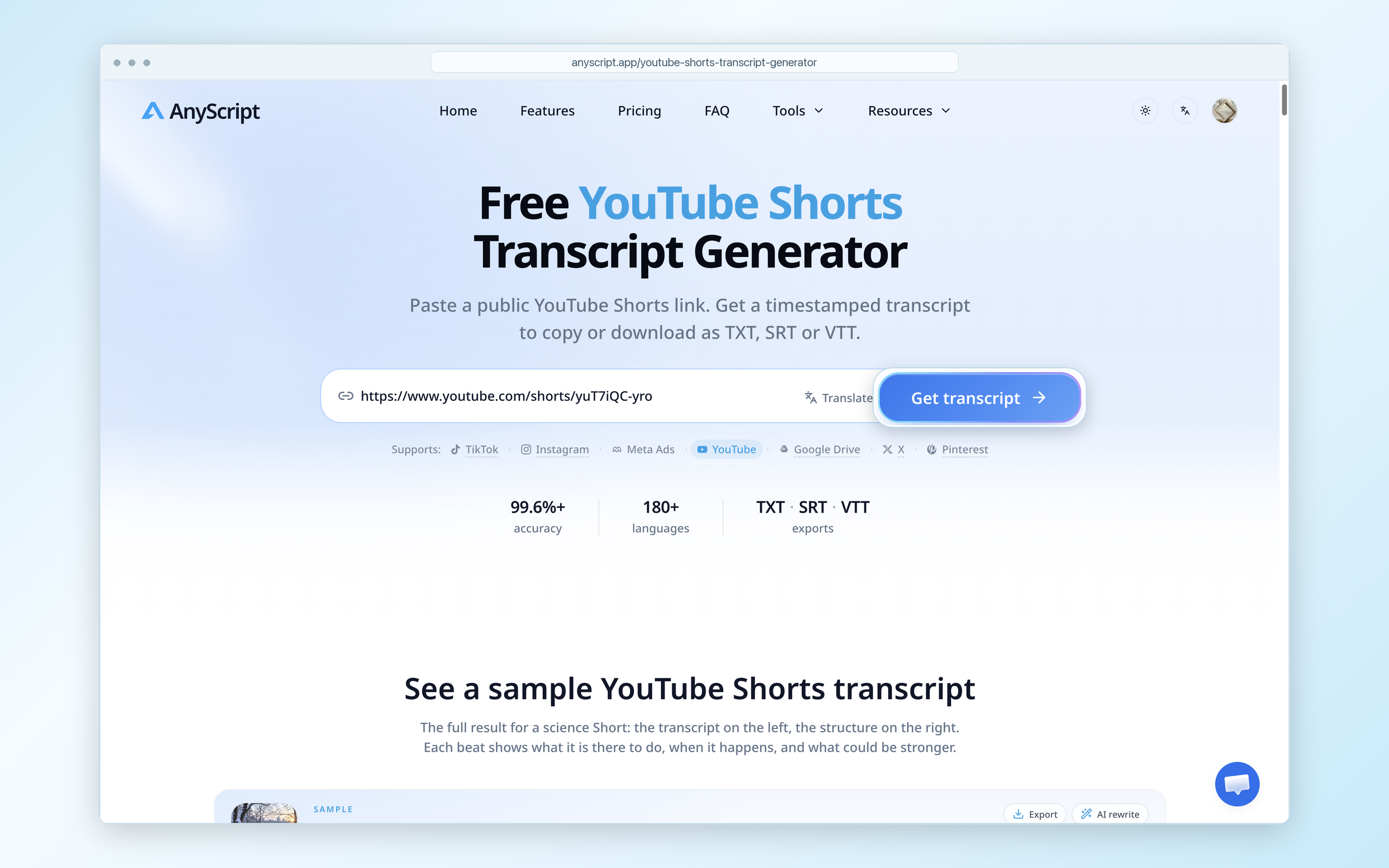 在英文 AnyScript 文字稿工具中输入 NASA Shorts 链接